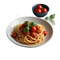 Spaghetti with tomatoes and basil in a white bowl on a dark background