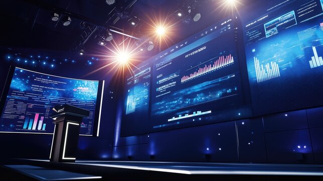 A grand stage at a business conference with bright spotlights, large digital backdrops displaying industry trends, and an elegant podium with a built-in microphone.