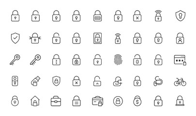 Outline padlock icons with editable stroke. Linear vector illustration of security, privacy, key, lock, fingerprint, password, access, protection, defense, safe, biometric, shield and more.