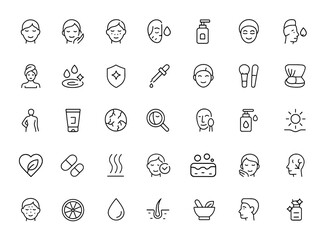 Linear outline icons of skin care with editable strokes. Vector illustration featuring beauty, dermatology, body care, moisturizing, treatment, cosmetics, wellness, serum, protection, therapy, makeup