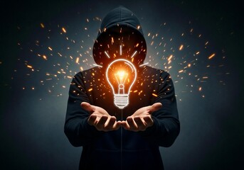 A hooded figure holds out cupped hands from which a glowing lightbulb icon emanates light and sparks, symbolizing a hidden genius, anonymous innovation, or a new idea emerging from the unknown.