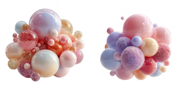 Two abstract organic amorphous clusters of colorful glossy spheres isolated on transparent background