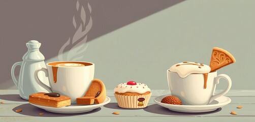 Whimsical vintage-style coffee & pastry illustrations, breakfast, lunch, dinner themes,  vintage,  card
