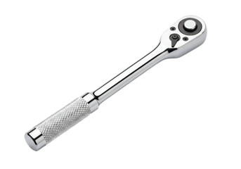 Close-up of a chrome-plated ratchet wrench.