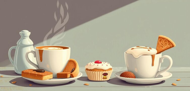 Whimsical vintage-style coffee & pastry illustrations, breakfast, lunch, dinner themes,  vintage,  card