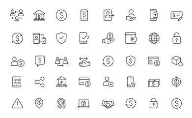 peer-to-peer banking and digital finance icon set. Editable stroke vector illustration of cryptocurrency, payment, transaction, security, mobile app, business and more.