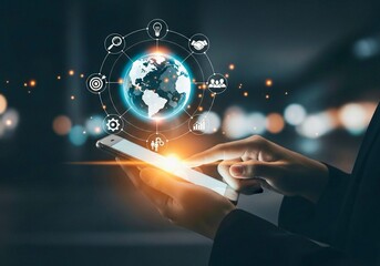 Hands interact with a smartphone, showing a globe and various interconnected business icons, representing global business and technological reach.