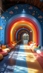 Colorful Rainbow Tunnel Interior with Cushions and Arched Ceiling in Modern Kids Playroom or Learning Center
