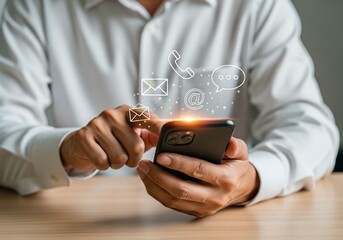 A person uses a smartphone with various communication icons (email, phone, chat, at symbol) floating above, indicating customer service or contact options.