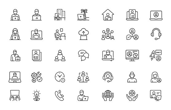 remote work icon set, freelance, hybrid office, digital nomad lifestyle, working from home concepts. Editable stroke outline vector illustration, productivity and more.