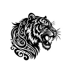Illustration of a roaring tiger head with tribal patterns isolated on white background