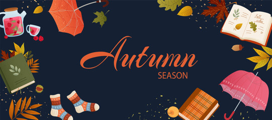 Autumn banner with cozy autumn items tea, book, socks, leaves, umbrellas. Elegant composition with grain texture Warm fall mood for seasonal design, Thanksgiving print, poster, background, advertising