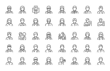 doctor and medical professions icon set. Editable stroke vector illustrations of hospital, clinic, specialist, nurse, physician, emergency, health care, surgeon and more.