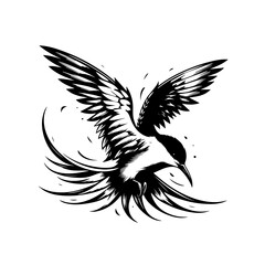 Bird in flight isolated on white background, wings spread in the air