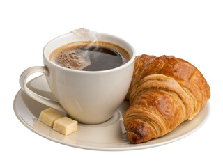 a cup of coffee with croissant on plate isolated on transparent background