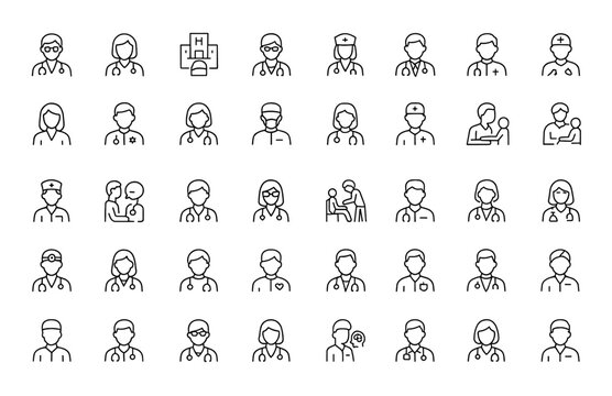 doctor and medical professions icon set. Editable stroke vector illustrations of hospital, clinic, specialist, nurse, physician, emergency, health care, surgeon and more. - Powered by Adobe