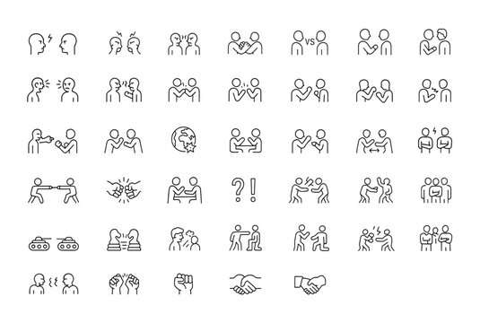 confrontation and conflict icon set. Editable stroke vector illustrations for aggression, argument, crisis, leadership, teamwork, violence, business and more.