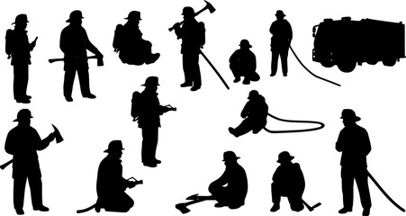 Firefighter silhouettes set, fireman pack of vector silhouette design, isolated background.
