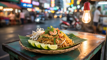 A plate of pad thai with shrimp and lime garnished with fresh herbs is prominently displayed at a vibrant night market. Colorful lights and busy streets create a lively atmosphere.