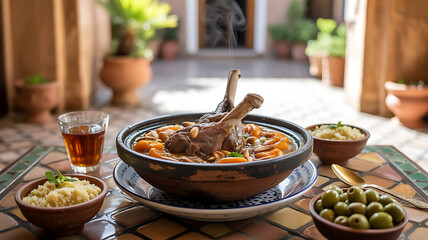 A steaming Moroccan tagine filled with lamb and fruits is artistically presented alongside bowls of couscous and olives. A glass of mint tea complements the vibrant meal in a sunny courtyard.