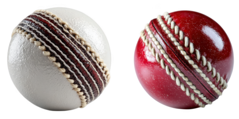 Two cricket balls one white and one red showing seam detail isolated on transparent background