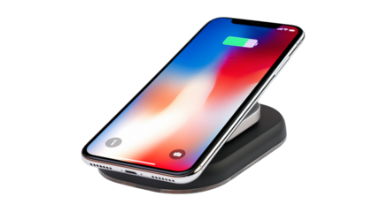 Modern smartphone wirelessly charging on sleek charging pad, battery icon glowing green