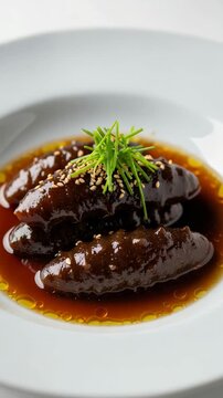 Gourmet Braised Sea Cucumbers in a rich sauce, garnished with fresh chives and sesame seeds, served in a white bowl.