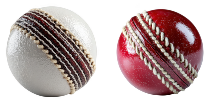Two cricket balls one white and one red showing seam detail isolated on transparent background
