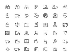 Warehouse linear icon set with editable stroke. Outline vector illustration featuring cargo, freight, logistics, storage, delivery, pallet, forklift, packaging, transport, industrial and more.