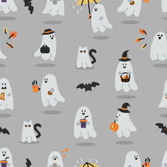 Seamless pattern with cartoon ghosts, pumpkins, bats, black cats, and autumn elements on grey background. Halloween celebration.