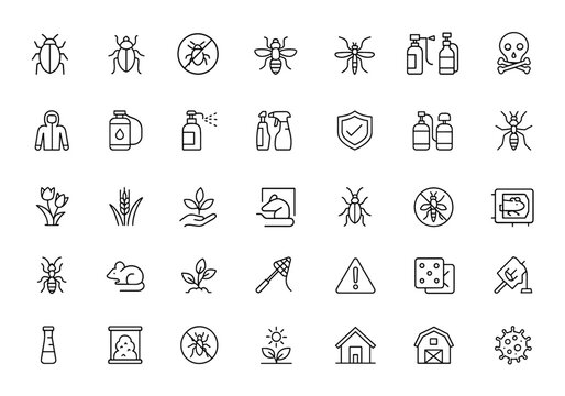 pest control icons set: linear insect, bug, and pest vector illustration with editable stroke for agriculture, farming, gardening, safety, disinfection, and protection tools and more.