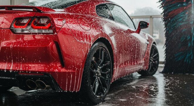 Red sports car undergoing a thorough wash at a car wash, soap suds covering its body.