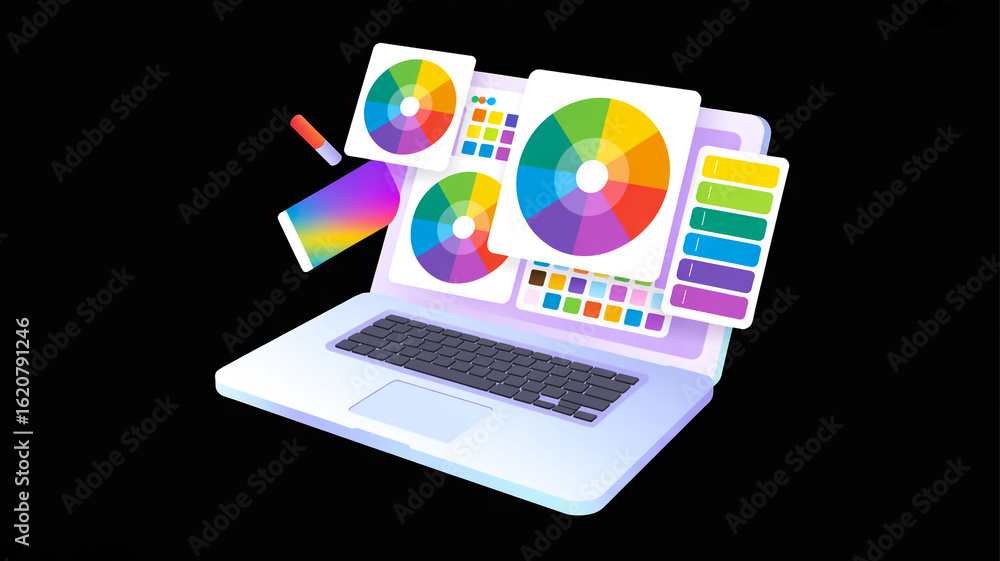 Poster 3d macbook displaying vibrant color palette design interface, modern digital style