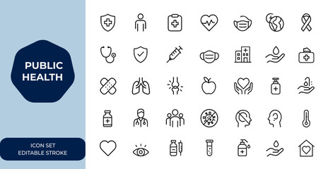 public health Outline vector icons set. Linear collection of healthcare icons, medical symbols, wellness, safety, hospital, medicine, prevention, care, vector