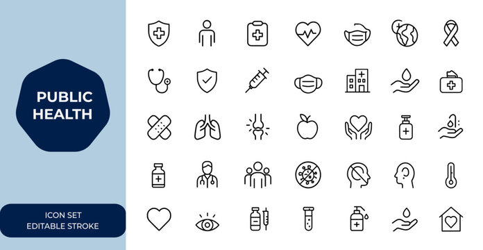 public health Outline vector icons set. Linear collection of healthcare icons, medical symbols, wellness, safety, hospital, medicine, prevention, care, vector