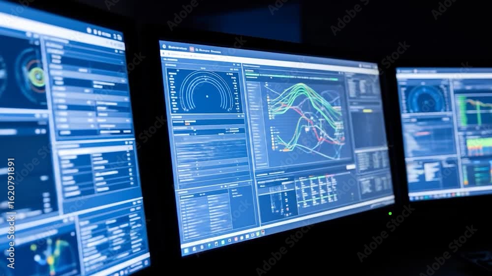 Poster multiple computer screens displaying complex data visualizations and charts in a dark room