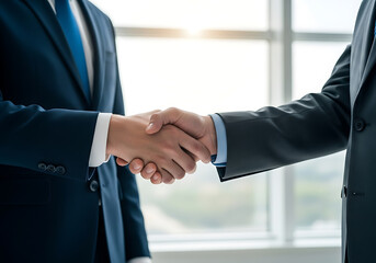 A close-up of a handshake between two businessmen in suits