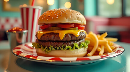Nostalgic food composition with bright colors, glossy bun, soda cup, and pastel diner decor.
