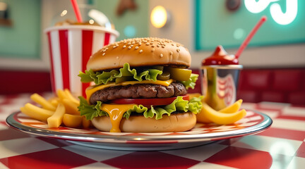 Bright and colorful shot of juicy burger, shiny fries, ketchup cup, and striped soda behind.