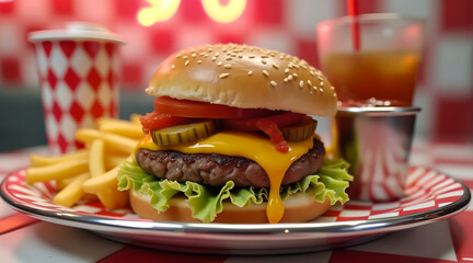 Golden fries spill across plate, juicy burger stacked high, with soda adding 50s nostalgia.
