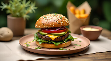 Healthy burger setup with daylight tones and sustainable clay dishware.