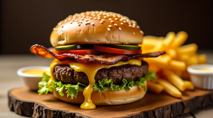 Mouth-watering burger with grilled beef patty, melted cheese, bacon, and golden fries