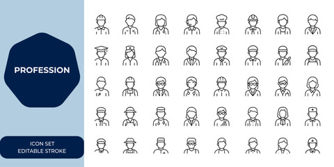 profession icon set featuring editable stroke linear collection. Vector illustration of various career icons for web, mobile app, business, work, employment, job, office, skills and more.