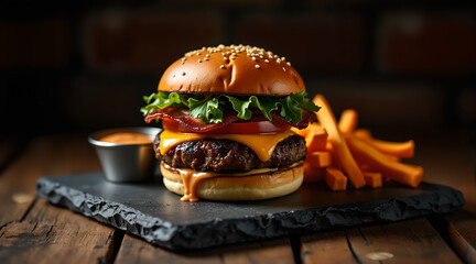 Dramatic burger composition with artisan fries and vintage props