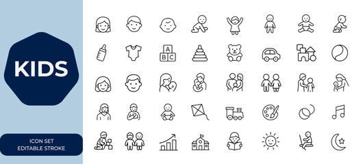kids Outline linear icon set, editable stroke vector illustrations collection, simple child-themed icons for web design, education, family, playful graphics, modern minimal style and more.