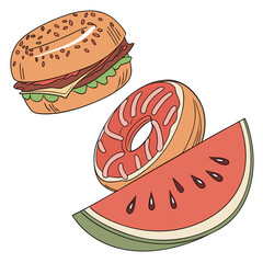 A delicious assortment of food items including a bagel sandwich donut and watermelon slice