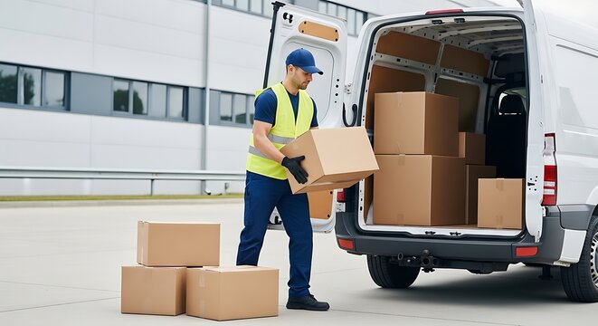 Dedicated delivery man unloading parcels from a van to ensure reliable customer service