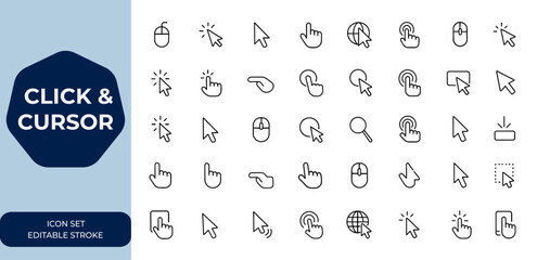 click and cursor symbols Outline linear icon set. Editable stroke vector illustration collection ideal for UI design, web development, user interaction, digital interfaces and more.