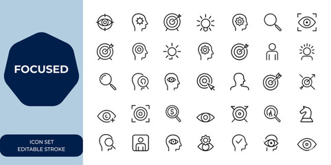 Outline linear icon set focused on concentration and focus concepts. Editable stroke vector illustration collection for web and mobile design, user interface, productivity, attention and more.