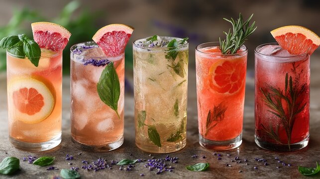 Different types of drinks in glasses with grape orange and mint  herbal mocktails